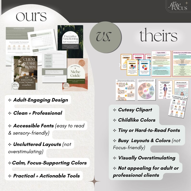 K&ouml;nnte beinhalten: Eine Vergleichsgrafik mit den W&ouml;rtern "ours" und "theirs". "Ours" zeigt professionell aussehende Dokumente, w&auml;hrend "theirs" kindliche Illustrationen verwendet. Das Bild hebt Designunterschiede f&uuml;r Ressourcen zur exekutiven Funktion hervor.