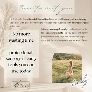 K&ouml;nnte beinhalten: Beige Grafik mit dem Text &bdquo;Nice to meet you.&ldquo; und &bdquo;No more wasting time professional, sensory-friendly tools you can use today.&ldquo; Das Bild enth&auml;lt auch den Text &bdquo;I design sensory-friendly, professional tools for teens and adults.&ldquo;