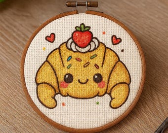 Wzór haftu krzyżykowego Kawaii Brioche w formacie PDF – cyfrowy wzór do haftu z prezentem w zestawie – uroczy i łatwy haft krzyżykowy Kawaii Croissant