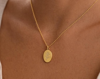Sterling Silver Birth Flower Necklace, Engraved Floral Pendant