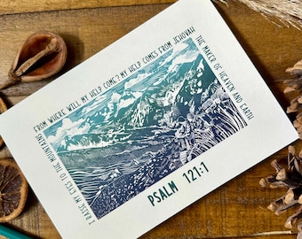 Bible Greeting Cards Set of 10 Blue & Green Mountains Hand Illustrated 5x7” Matte Finish w/Envelopes | Psalms | Get Well Soon | Sympathy