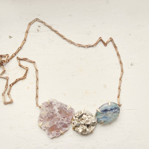 Lavender Lepidolite, Peruvian Pyrite, and Brazilian Kyanite Necklace