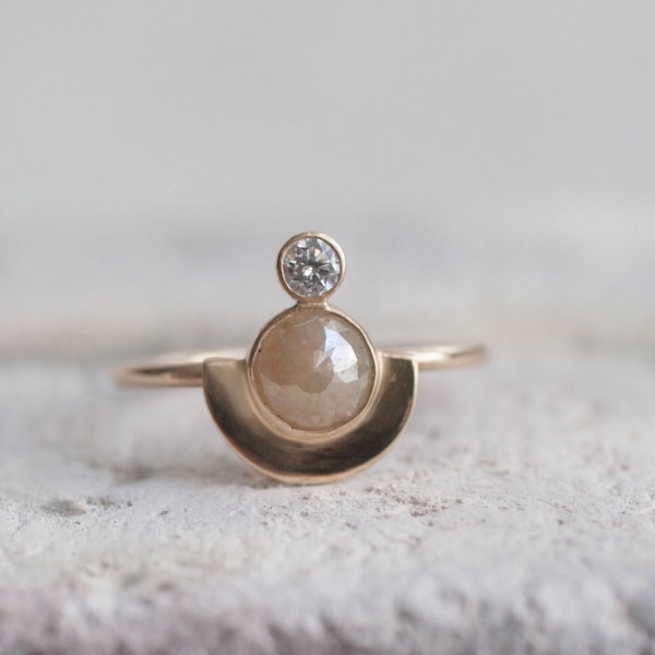 White Diamond and Rose Cut Diamond Semicircle Solid 14k Gold Ring | Custom Engagement Ring