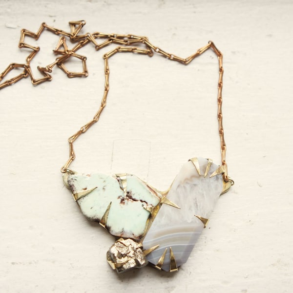 Grey Agate, Freeform Chrysoprase, & Pyrite Necklace