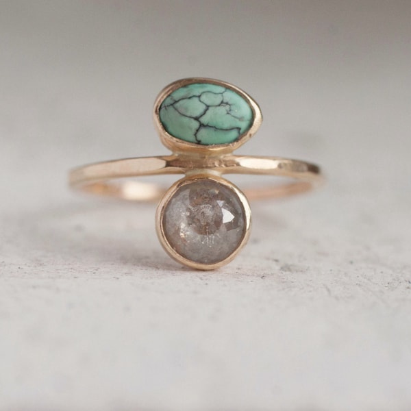 Turquoise and Rose Cut Diamond 'Latus' Ring Solid 14k Recycled Gold