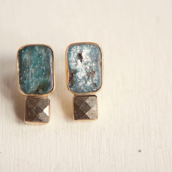 Brazilian Kyanite and Peruvian Pyrite Stud Earrings