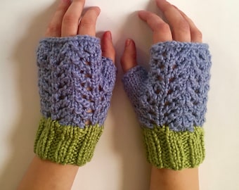 Organic Cotton Fingerless Gloves Periwinkle Blue and Green Hyacinth Lace