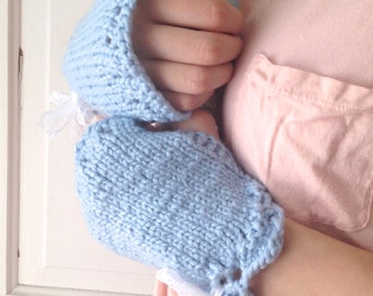 Blue Organic Cotton Wrist Warmers with Lace Bow