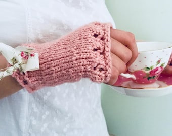 Womens Pink Organic Cotton Fingerless Gloves