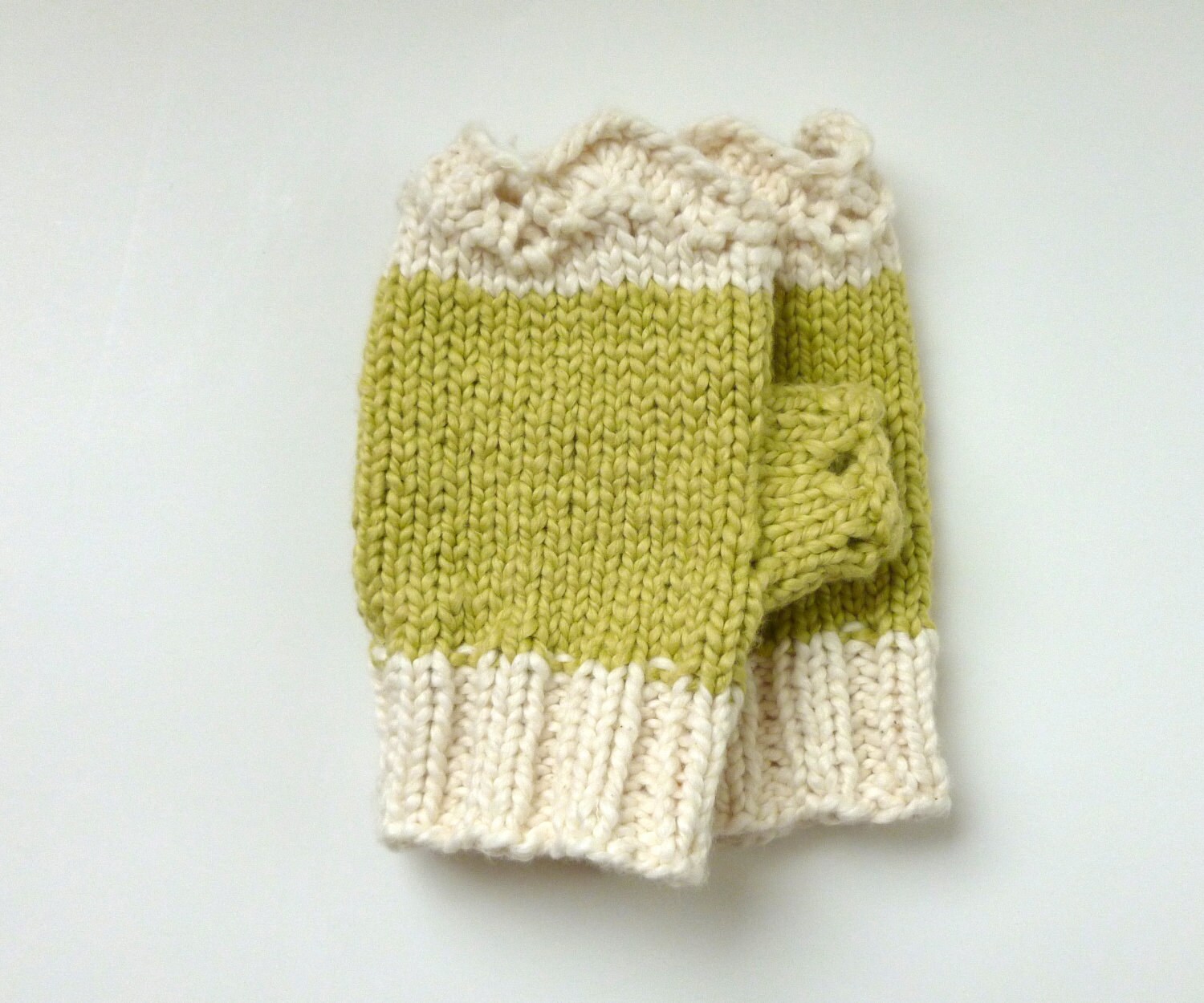 Organic Cotton Lace Fingerless Gloves Green and Cream Etsy
