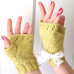 Spring Green Floral Bow Organic Cotton Fingerless Gloves image 1