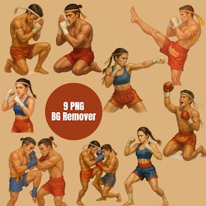 Muay Thai Clipart Set: Watercolor & Realistic Thai Boxing PNG Bundle (Digital Download)