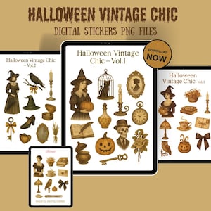 Pacchetto di clipart vintage chic di Halloween Vol. 1-3 + bonus / PNG trasparenti / Illustrazioni vintage di Halloween / Download digitale