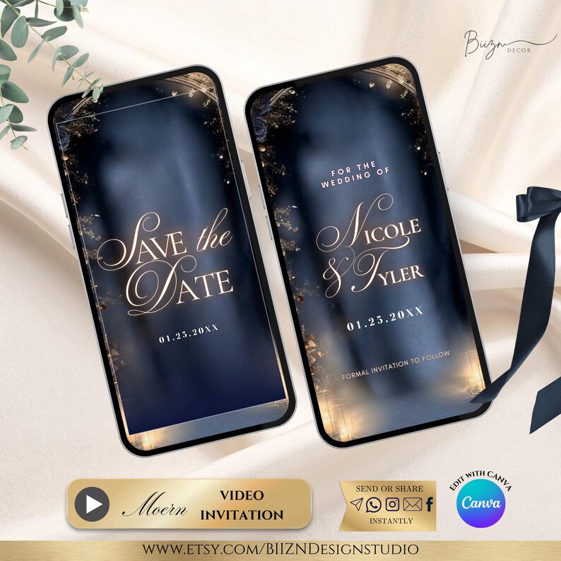 May include: Two smartphones displaying wedding invitations. The screens feature elegant gold script on a dark blue background. One says "Save the Date" and the other says "For the Wedding of Nicole & Tyler". The bottom banner reads "Video Invitation".