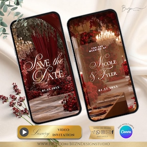 Peut inclure: Deux écrans de smartphone affichant des faire-part de mariage. L'écran de gauche indique "Save the Date" avec la date 01.25.20XX. L'écran de droite indique "For the Wedding of Nicole & Tyler" avec la même date. Les deux présentent un design floral rouge.