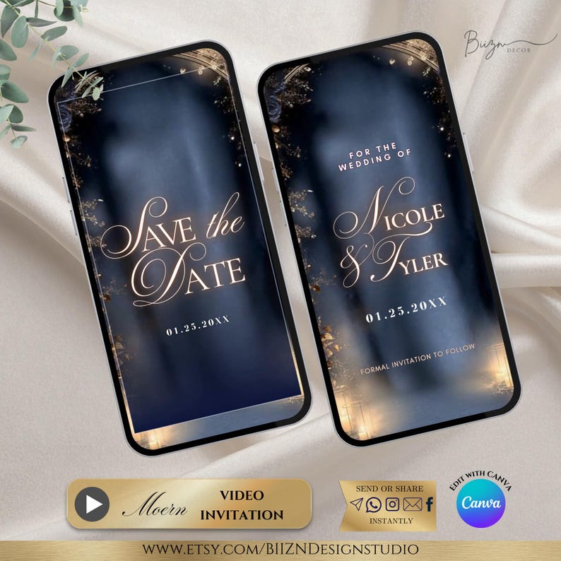 May include: Two smartphones displaying digital wedding invitations. The screens feature elegant gold script on a dark blue background. One says "Save the Date" and the other says "For the Wedding of Nicole & Tyler". The design includes floral accents and the date 01.25.XX.