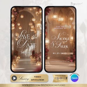 May include: Two smartphone screens displaying a wedding invitation. The left screen reads "Save the Date" with the date 01.25.20XX. The right screen says "For the Wedding of Nicole & Tyler" with the same date. The design features a warm, elegant aesthetic.
