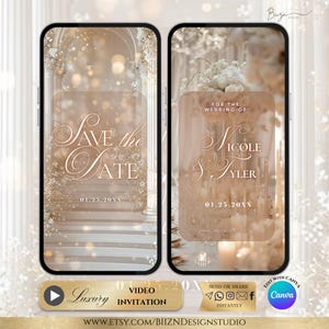 May include: Two smartphone screens displaying a luxury wedding invitation. The left screen reads "Save the Date" with the date 01.25.20XX. The right screen says "For the Wedding of Nicole & Tyler" with the same date. The invitation has a gold and beige color scheme.