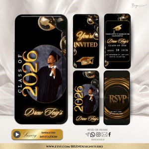 May include: A set of animated graduation invitations on smartphone screens. The designs include a graduate in a cap and gown, gold detailing, and the text "Class of 2026" and "You're Invited". The invitations are for Drew Feig's graduation.