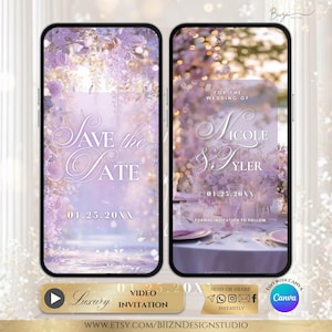 May include: Two smartphone screens displaying wedding invitations. The left screen reads "Save the Date" with the date 01.25.20XX. The right screen says "For the Wedding of Nicole & Tyler" with the date 01.25.20XX. Both screens have a floral background.