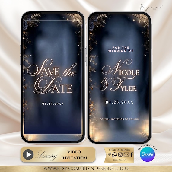 Luxury Save the Date Invitation Blue and golden invite MP4 Digital download