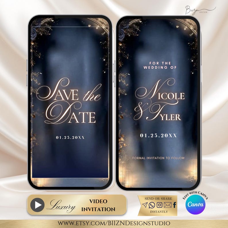 May include: A digital wedding invitation displayed on two smartphones. The left screen reads "Save the Date" in elegant script, while the right screen announces "For the Wedding of Nicole & Tyler." Both screens feature a dark blue background with gold accents.