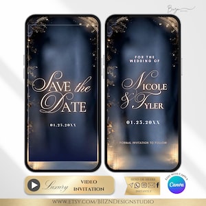 May include: Two smartphone screens displaying a wedding invitation. The left screen reads "Save the Date" in elegant gold script, with the date 01.25.20XX. The right screen says "For the Wedding of Nicole & Tyler" with the same date.