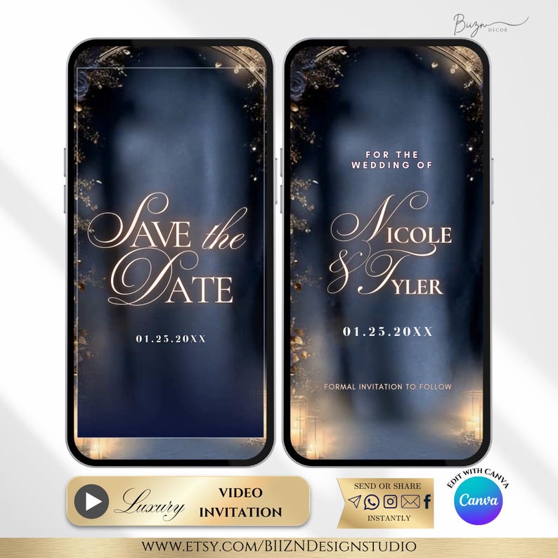May include: Two smartphone screens displaying a wedding invitation. The left screen reads "Save the Date" in elegant gold script, with the date 01.25.20XX. The right screen says "For the Wedding of Nicole & Tyler" with the same date.