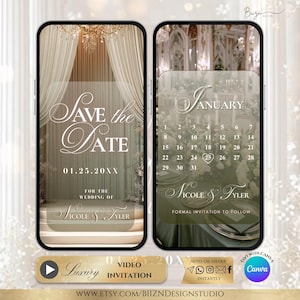 Könnte beinhalten: Eine digitale Hochzeitseinladung auf einem Smartphone-Bildschirm. Die linke Seite zeigt "Save the Date" mit dem Datum 01.25.20XX und den Namen Nicole & Tyler. Die rechte Seite zeigt einen Januar-Kalender. Es ist eine luxuriöse Videoeinladung.