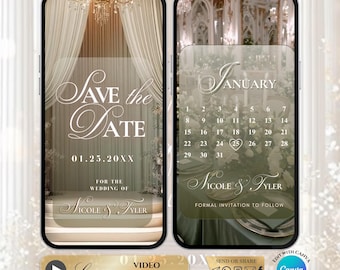 May include: A digital wedding invitation on a smartphone screen. The left side says "Save the Date" with the date 01.25.20XX and the names Nicole & Tyler. The right side shows a January calendar. The invitation is a luxury video invitation.