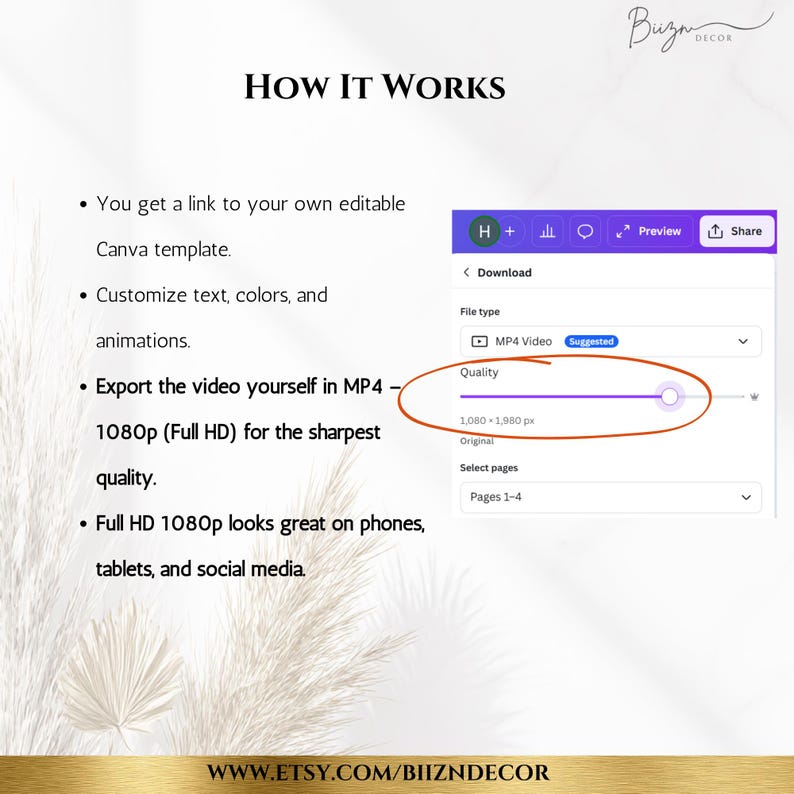 May include: A graphic showing the steps to edit a Canva template. The steps include getting a link, customizing text and colors, and exporting the video in MP4 at 1080p (Full HD) for the best quality. The image also shows the Etsy shop's website address.