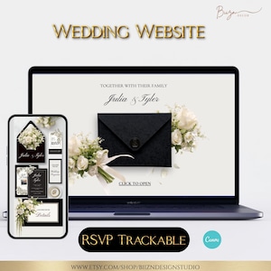 Puede incluir: Un portátil y un smartphone muestran un diseño de sitio web de bodas. El sitio web presenta un gráfico de sobre negro, arreglos florales y los nombres "Julia & Tyler". También se ve el texto "WEDDING WEBSITE" y "RSVP TRACKABLE".
