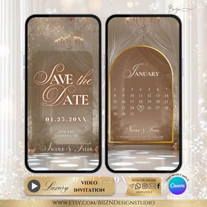 Op de afbeelding: Een digitale huwelijksuitnodiging weergegeven op een smartphonescherm. Het linkerscherm toont "Save the Date" met de datum 01.25.20XX en de namen Nicole & Tyler. Het rechterscherm toont een januari-kalender. Het ontwerp is elegant met een goud- en beige kleurenschema.