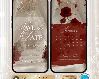 May include: A digital wedding invitation displayed on a smartphone screen. The design features a burgundy and white color scheme with floral accents. The left side says "Save the Date" and the right side shows a January calendar. The invitation is for Nicole & Tyler.