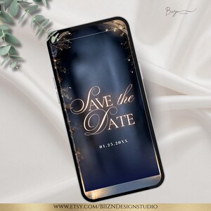 May include: A smartphone displays a digital wedding invitation with the text "Save the Date" in elegant script. The background is a dark blue gradient with gold accents and the date 01.25.20XX.