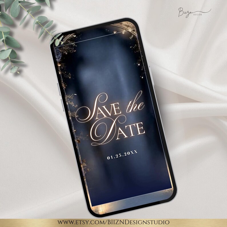 May include: A smartphone displays a digital wedding invitation with the text "Save the Date" in elegant script. The background is a dark blue gradient with gold accents and the date 01.25.20XX.