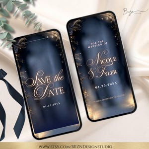 May include: Two smartphones displaying elegant wedding invitations. The screens feature a dark blue gradient background with gold accents and the text "Save the Date" and "For the Wedding of Nicole & Tyler". The date 01.25.20XX is also displayed.
