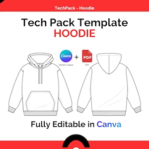 Puede incluir: Un diseño de plantilla de sudadera con capucha blanca con vistas frontal y trasera, con un bolsillo de canguro y capucha. El texto "Tech Pack Template HOODIE" se muestra en negrita, con "Fully Editable in Canva" debajo. El diseño incluye iconos de Canva y PDF.