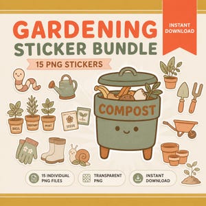 Peut inclure: Un ensemble de 15 autocollants numériques au format PNG sur le thème du jardinage. La collection comprend des illustrations d'un bac à compost, d'un ver, d'un arrosoir, d'herbes en pot étiquetées basilic, romarin et menthe, de sachets de graines, de gants, de bottes, d'un escargot, d'une brouette et d'outils.