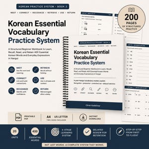 Puede incluir: Un libro de ejercicios con encuadernación en espiral titulado Korean Essential Vocabulary Practice System Book 2. La portada blanca presenta texto en azul oscuro, un sistema de aprendizaje de 6 etapas y el nombre del autor Oliver Aistleitner.