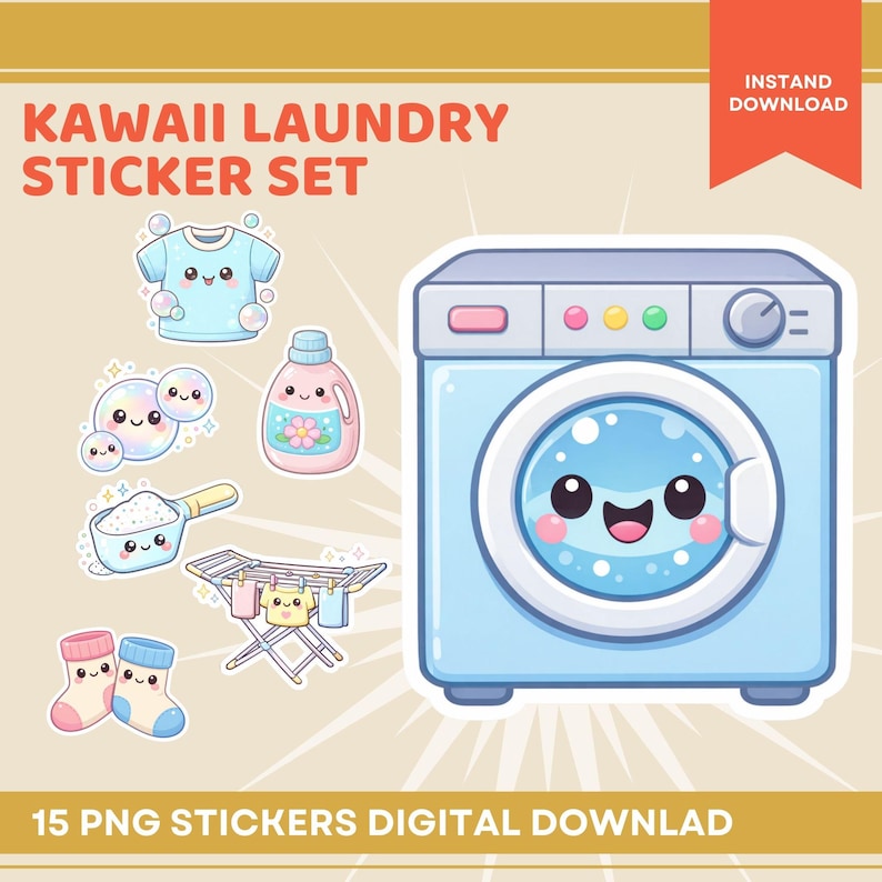 Kawaii Laundry Sticker Set, Washing Machine Stickers, Digital Download ...