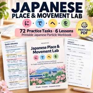Pode incluir: Um caderno de exercícios Japanese Place & Movement Lab com 72 tarefas e 6 lições. A capa mostra um trem, o monte Fuji e flores de cerejeira. Duas páginas acompanhantes mostram um guia de referência e exercícios da lição 1.