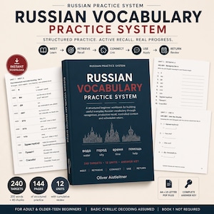 May include: A Russian Vocabulary Practice System workbook with a dark blue cover featuring white text, a line drawing of Saint Basil's Cathedral, and Russian words with English translations. Includes two white practice sheets with numbered exercises.