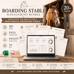 Könnte beinhalten: Ein Boarding Stable Management Bundle mit einem Laptop, der ein Excel-Dashboard anzeigt, umgeben von gedruckten A4-Formularen wie Boarder-Profil, täglichem Fütterungsprotokoll, Ausgaben-Tracker, Kundenverzeichnis und Rechnung.