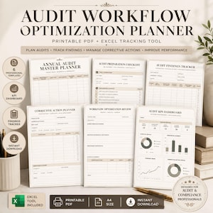 May include: An Audit Workflow Optimization Planner set featuring six printable templates including an Annual Audit Master Planner, Audit Preparation Checklist, Audit Findings Tracker, Corrective Action Planner, Workflow Optimization Review, and Audit KPI Dashboard with charts.