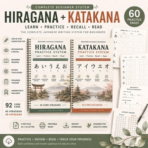 Op de afbeelding: Twee spiraalgebonden Japanse taalwerkboeken getiteld Hiragana Practice System en Katakana Practice System, met illustraties van de berg Fuji en traditionele architectuur, vergezeld van printbare oefenpagina's en een voortgangstracker.