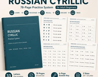 May include: A 78-page Russian Cyrillic practice system for adult beginners, featuring a dark teal workbook cover with white text and four sample exercise pages showing letter recognition, syllable decoding, and word reading exercises in a grid format.