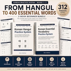 May include: A two-book Korean practice system bundle featuring the Korean Hangul Practice System and Korean Essential Vocabulary Practice System workbooks. The set includes 312 pages total, 32 structured units, and 400 essential words.