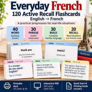 Può includere: Un set di 120 flashcard Everyday French Active Recall per imparare dall'inglese al francese. Le carte sono codificate a colori per categoria: blu per le parole, rosa per le frasi, verde per la costruzione e giallo per il richiamo, con testi e traduzioni.