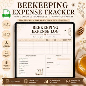 May include: A digital beekeeping expense tracker displayed on a tablet screen, featuring a table for date, supplier, category, item, hive, quantity, unit cost, total, and payment method, with sections for expense categories, summary, and notes.